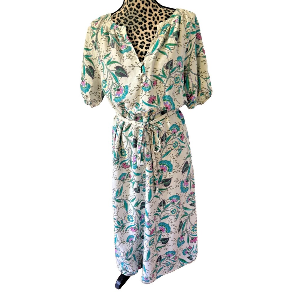LOFT Linen Floral Midi Dress Puff Sleeve V-Neck Tie Waist Cottagecore Boho Med